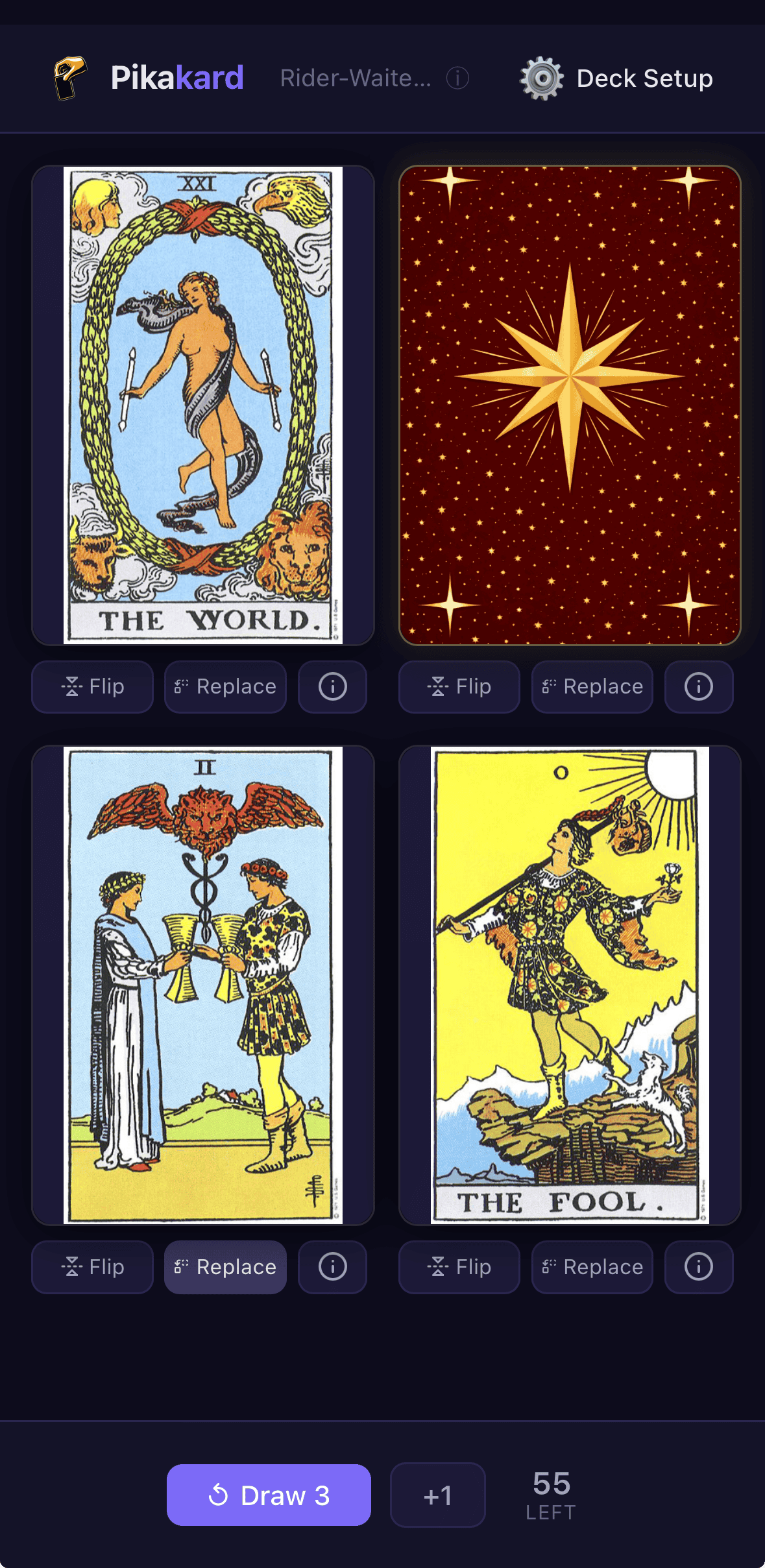 Pikakard showing a four-card tarot spread